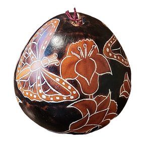 Lu Cuma Handmade In Peru Gourd Ornament Flowers Butterflys Browns EUC